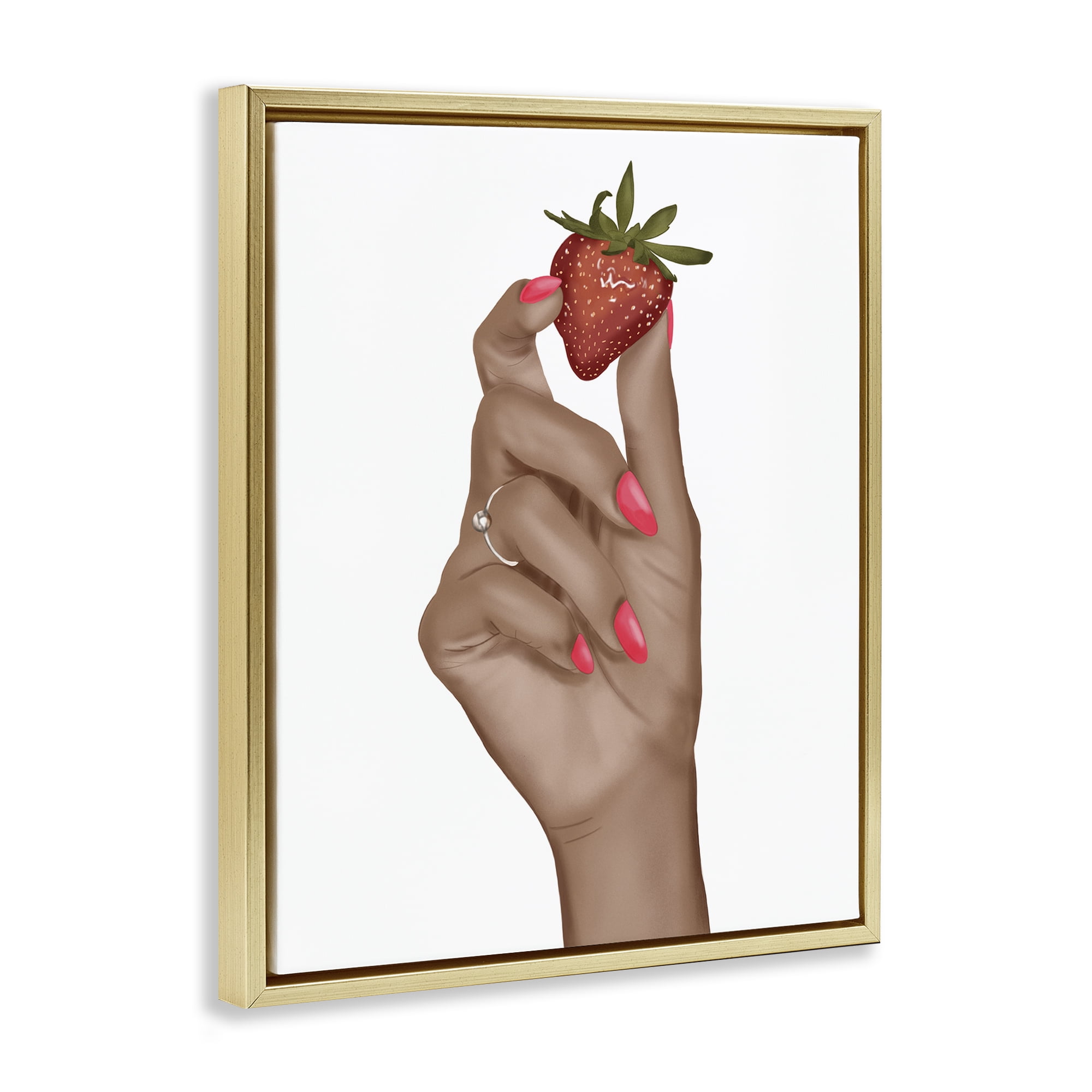 Stupell Industries Holding Juicy Strawberry People Painting Gold Floater Framed Canvas Art Print Wall Art, 17 x 21