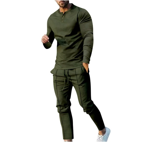 BXINGOHAI Mens 2 Pieces Sets Fashion Solid Long Sleeve T-Shirt Set Quarter Zip Up Crewneck Shirts Drawstring Pants Match Set Solid Casual Outfits Army Green,XL