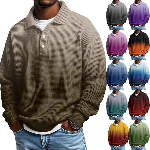 Men's Casual Long Sleeve Button Down Shirt V Neck Stand Collar Gradient Plaid Print for Spring Fall Golf Wear,Black,L