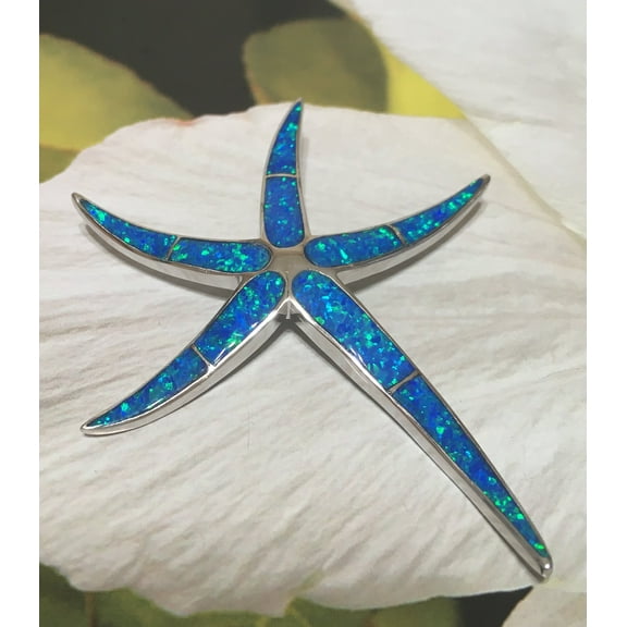 Gorgeous Hawaiian XX-Large Blue Opal Starfish Necklace, Sterling Silver Opal Star Fish Pendant N2344A Birthday Valentine Gift, Statement PC