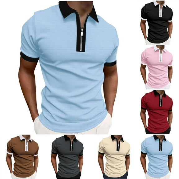 RYDCOT Men's Waffle Knit Short Sleeve Casual Quarter Zip Polo Shirts Red