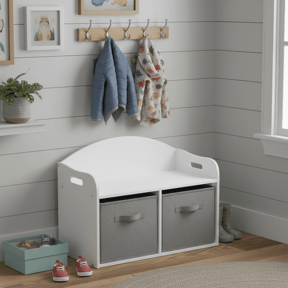 Homy Casa Kids Storage Bench with 2 Fabric Bins, Toy Organizer for Playroom Bedroom