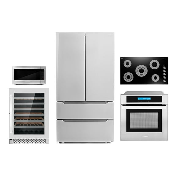 Cosmo 5 Piece Kitchen Appliance Package With 30" Electric Cooktop 30" Wall Mount Range Hood 24" Single Electric Wall Oven 24.4" Countertop Microwave & French Door Refrigerator