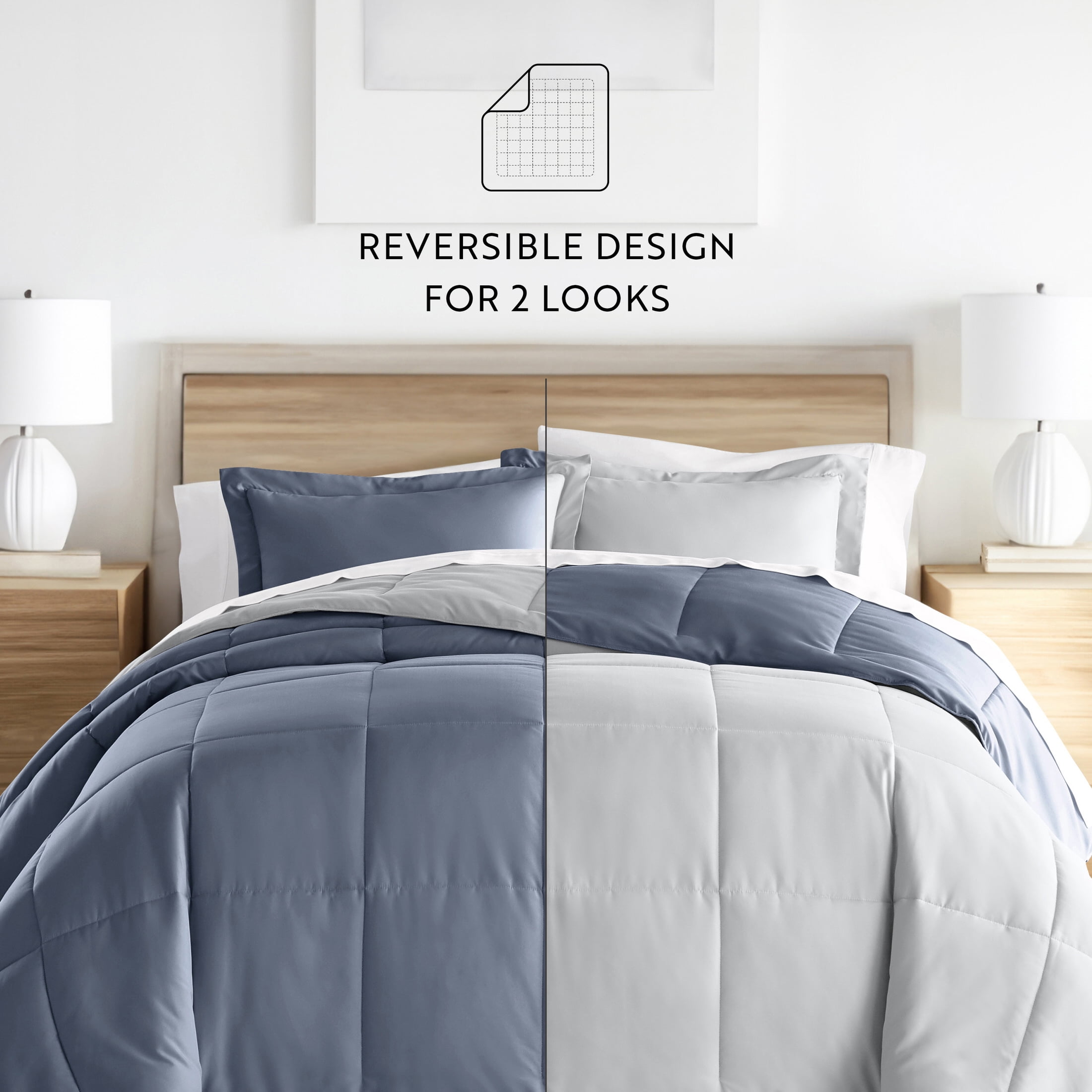 Noble Linens Soft 3-Piece Stone & Light Gray Reversible All Season Lightweight Down Alternative Comforter Set, Full/Queen