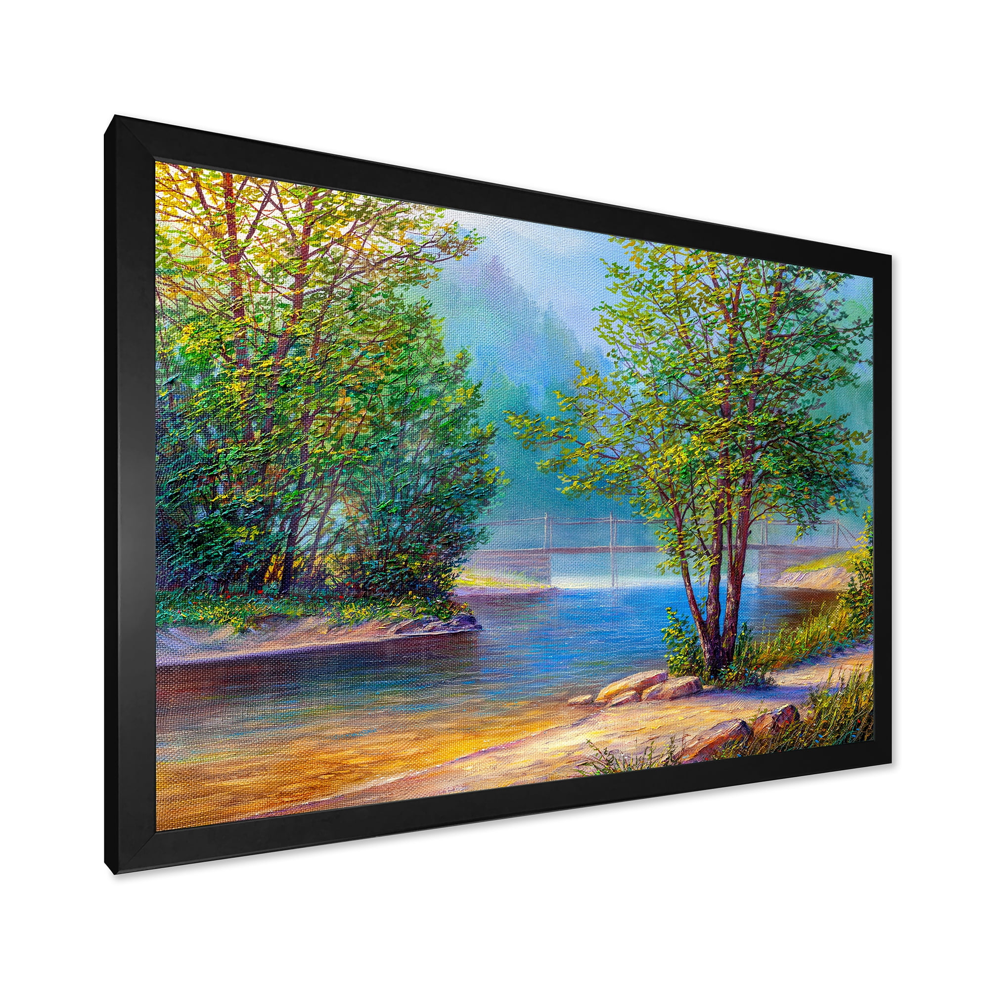 Designart 'Green Trees By The Bridge Over River' Traditional Framed Art Print
