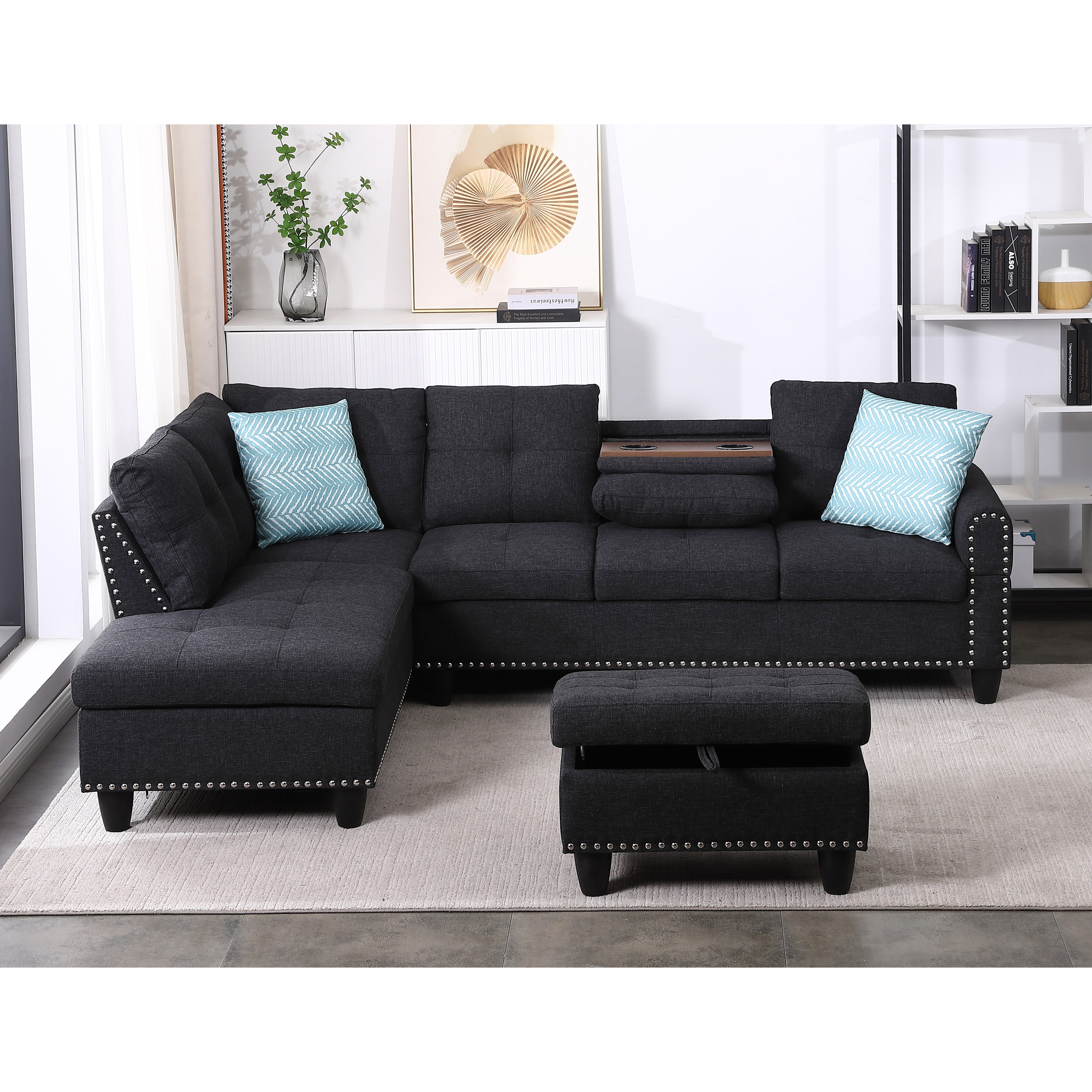 Gewnee L-Shaped Sofa & Chaise Sectional, Linen Blend Fabric Upholstered Couch with Storage Ottoman, Nailhead Trim and Toss Pillows for Living Room Apartment, Charcoal Grey