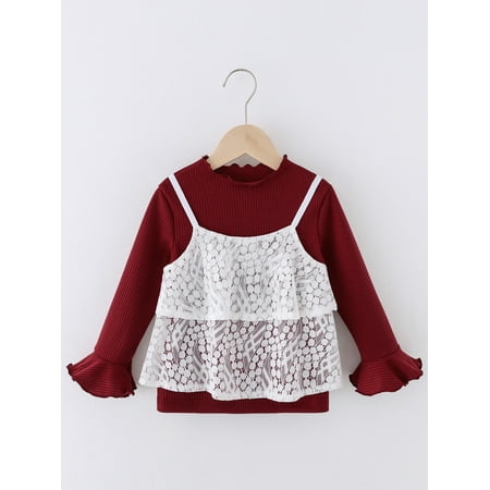 

Red and White Toddler Girls Flounce Sleeve Top Lace Cami Top Cute 90 S040E