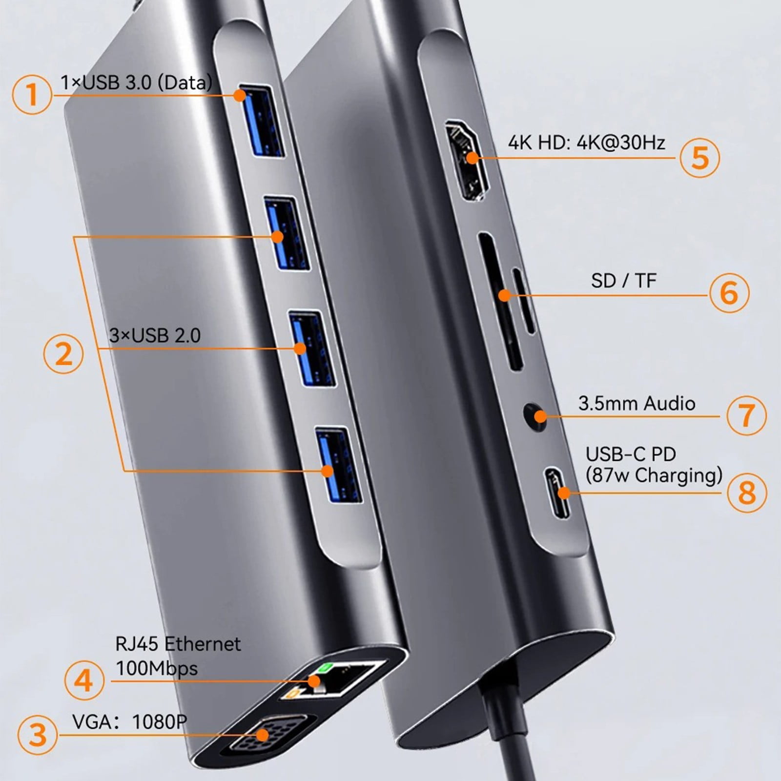 Aluminum USB Type C Hubs 11 Port Supports 5Gbps Data Transfer 4K Video Output PD100W Charging Card Reader