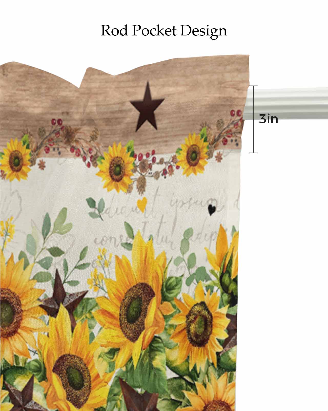 Yellow Sunflower Kitchen Valances for Windows Farmhouse Linen Window Valance Curtain for Living Room Window Treatment Green Leaves Wood Country Vintage Valance Rod Pocket Topper Drape, 54 x 18 Inch