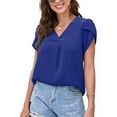 thumbnail image 2 of Women Casual Loose Blouses Petal Short Sleeve Split V Neckline Pure Color Summer Tops, 2 of 6