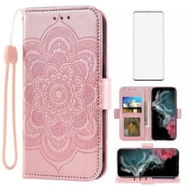 Compatible with Samsung Galaxy S22 Ultra 5G Wallet Phone Case and Tempered Glass Screen Protector Flip Credit Card Holder Stand Mandala Flower Cell Cover for S22ultra 22S S 22 S22ultra5g 6.8 Pink