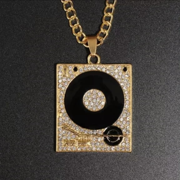 HOOUN Men's Hip Hop Fashion Iced Dj Record Bling Necklace-Gold
