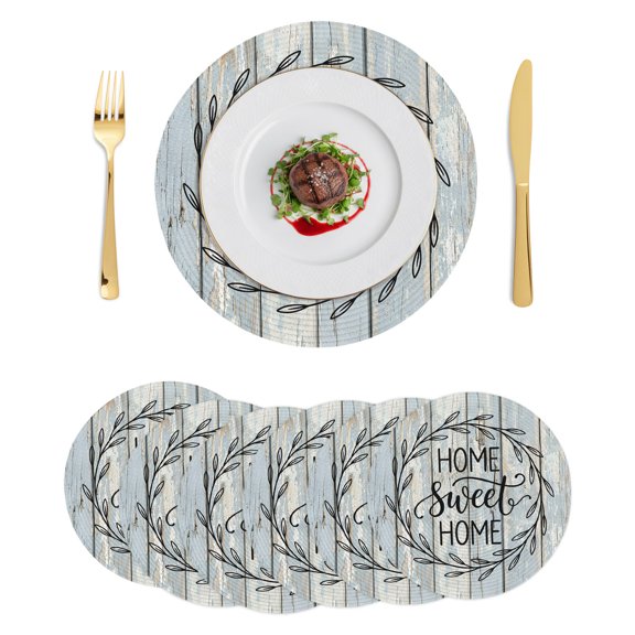 Round Placemats Farmhouse Sweet Home 15 inch Set of 6 Table Mats for Dining Table Classic Wood Plank Gray Black Blue Heat Resistant Non-Slip Kitchen & Home Decorative Place Mat Set