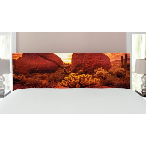 Saguaro Headboard, Dramatic Desert Scenery Like Burnt by Sun near Scottsdale Hot Rocks Serene Western Image, Upholstered Decorative Metal Bed Headboard with Memory Foam, King Size, Red, by Ambesonne
