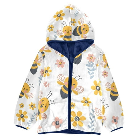 ALAZA Toddler Polar Fleece Jacket Cartoon Bee Flowers Kids Hooded Warm Coats Outerwear 3T