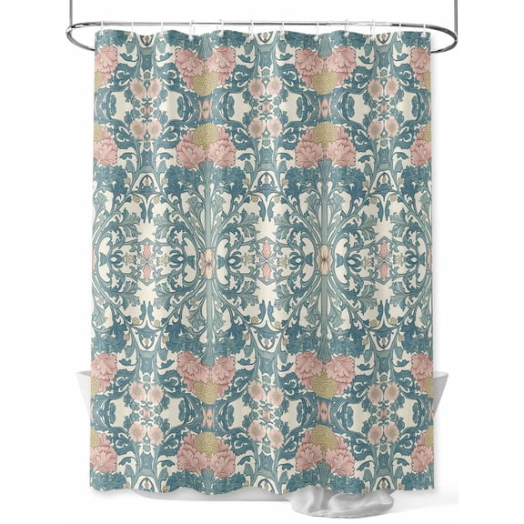 Teal Pink Shower Curtain Set, Waterproof Shower Curtains for Bathroom, Vintage Floral Watercolor Boho Ethnic Washable Fabric Cloth Bath Curtain for Bathtub Decoration with Hooks 48x72 Inches