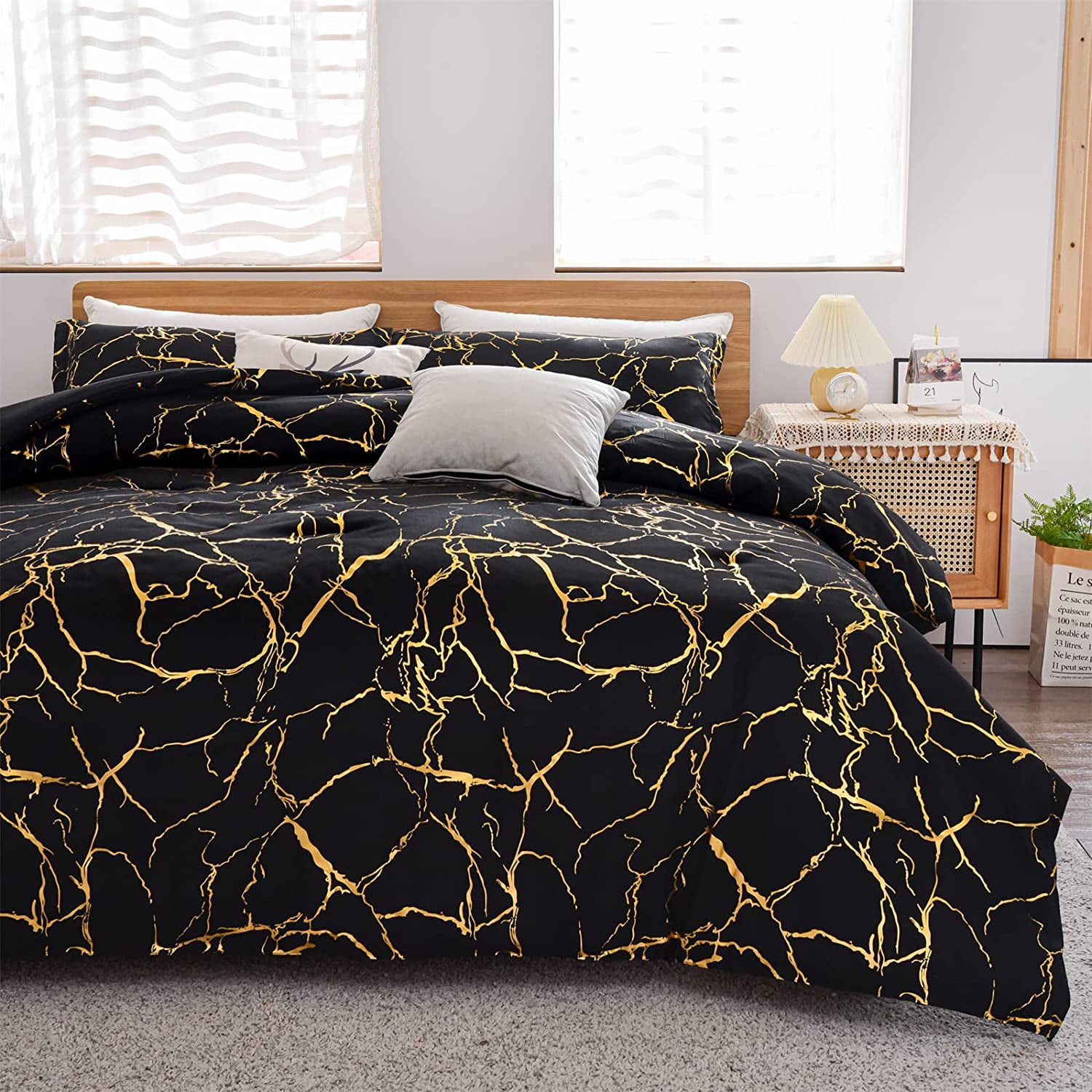 NTBED Metallic Marble Comforter Set Queen Size Foil Glitter Bedding