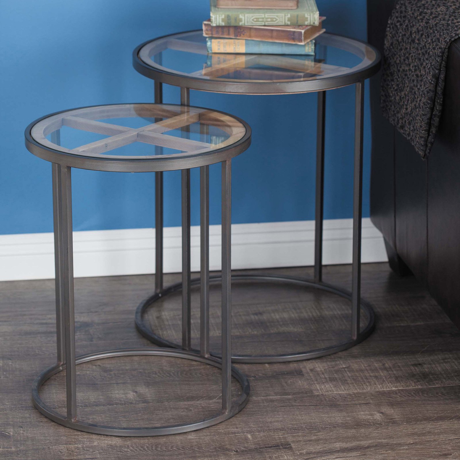 DecMode Contemporary Metal Glass and Wood Round Nesting Tables Set of