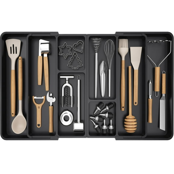 Lifewit Large Utensil Organizer for Kitchen Drawer, Expandable From 21 to 36 Inches, Adjustable Cooking Silverware Tray, Plastic Cutlery Flatware Holder, Spatula Tools Gadgets Storage Divider, Black
