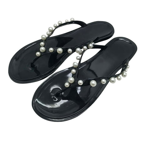 

Womens Pearls Flip-Flops Lightweight Soft Jelly Slippers Casual Summer Clip Toe Beach Slides Shoes Dressy Thong Flats Sandals