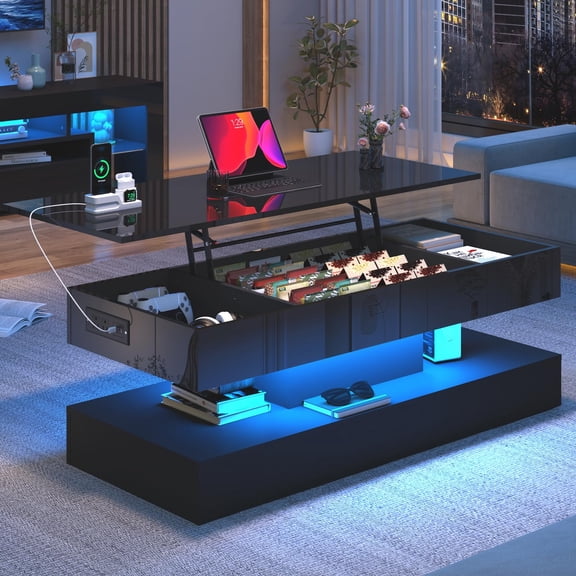 ChVans 47" Large Lift Top Coffee Table with Charging Station & LED Lights, High Glossy White LED Coffee Table with Hidden Compartment Storage, Modern Living Room Tables w/Marbling Print