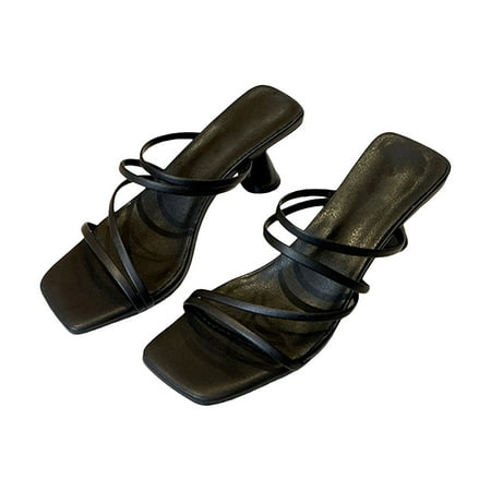 

LIANGP Women s Sandals Spring And Summer New Ladies Comfort Slippers Shoes One Shaped Roman Square Head Fine Heel Women s Shoes Black Size 7