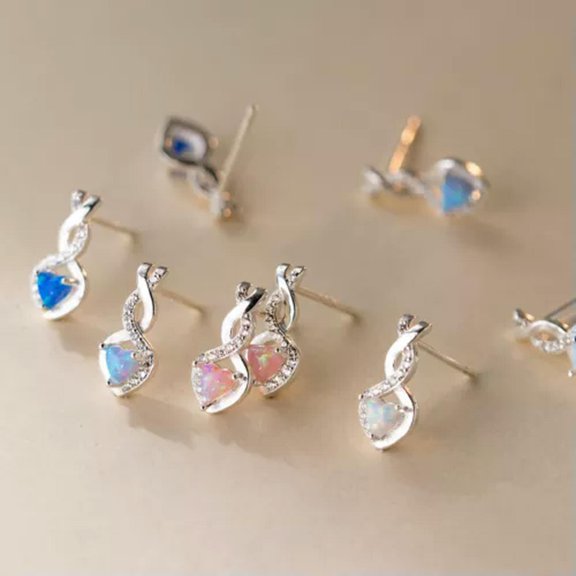 EOEMY Solid 925 Sterling Silver Love Heart Opal Swirl Wave Stud Earrings Gift-Blue