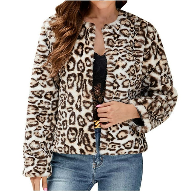 WRKEKC Cropped Faux Fur Jacket V-Neck Plush Winter Wear Night Out Essential Plus Size Brown S