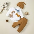 thumbnail image 2 of Kucnuzki 0 Months Newborn Baby Boy Winter Outfits Pants Sets 1 Months Long Sleeve Carton Dino Prints Rompers Elastic Pants Hat 3PCS Set Brown, 2 of 9