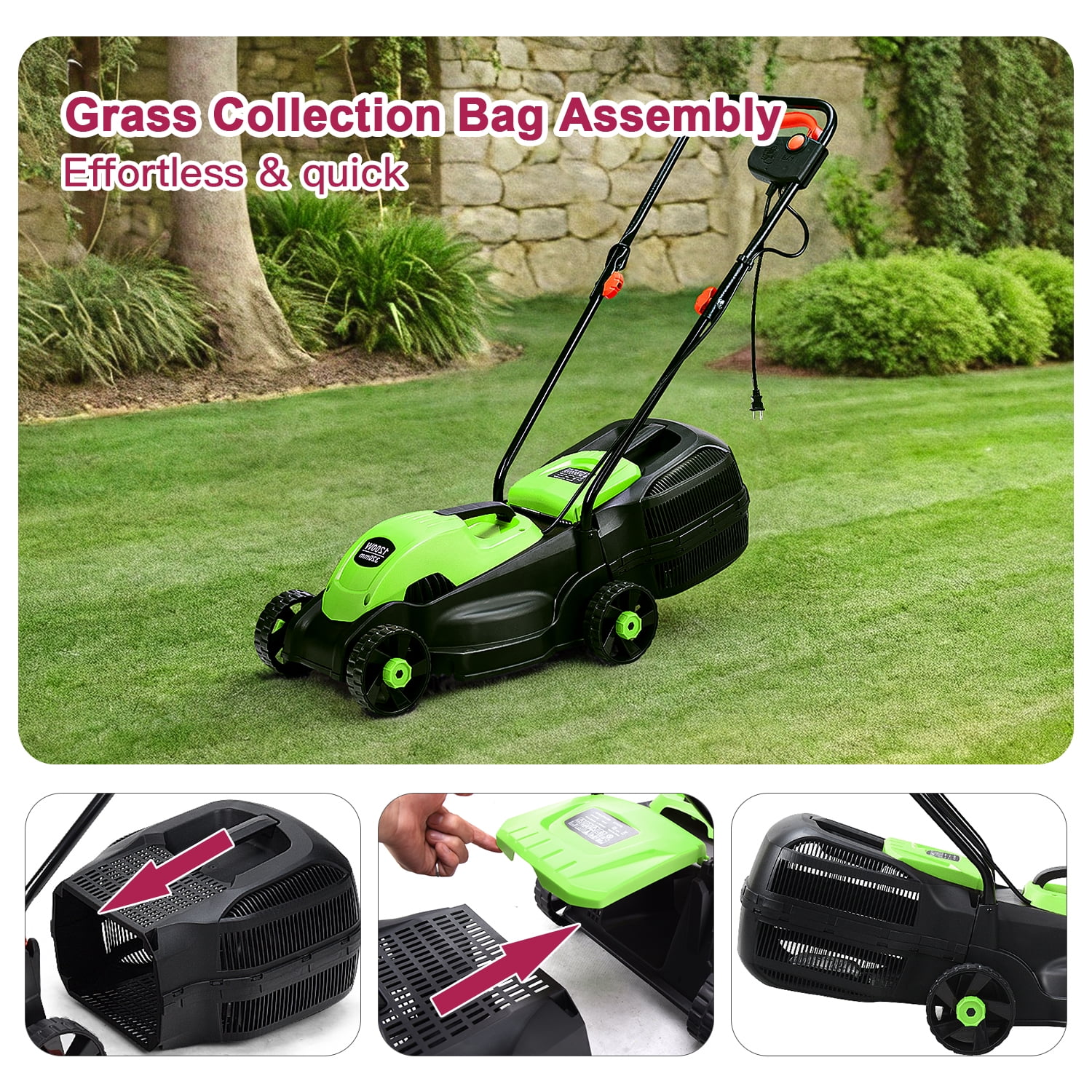 Aimee Lii 14 Inch Electric Push Lawn Corded Mower with Grass Bag for Garden Yard, Green