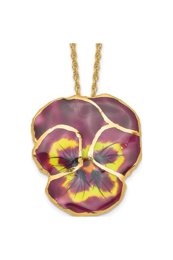 Fashion 24K Gold-Trim Lacquer Dipped Violet Pansy 20 Inch Gold-Tone Necklace Made In Thailand bf2024-20