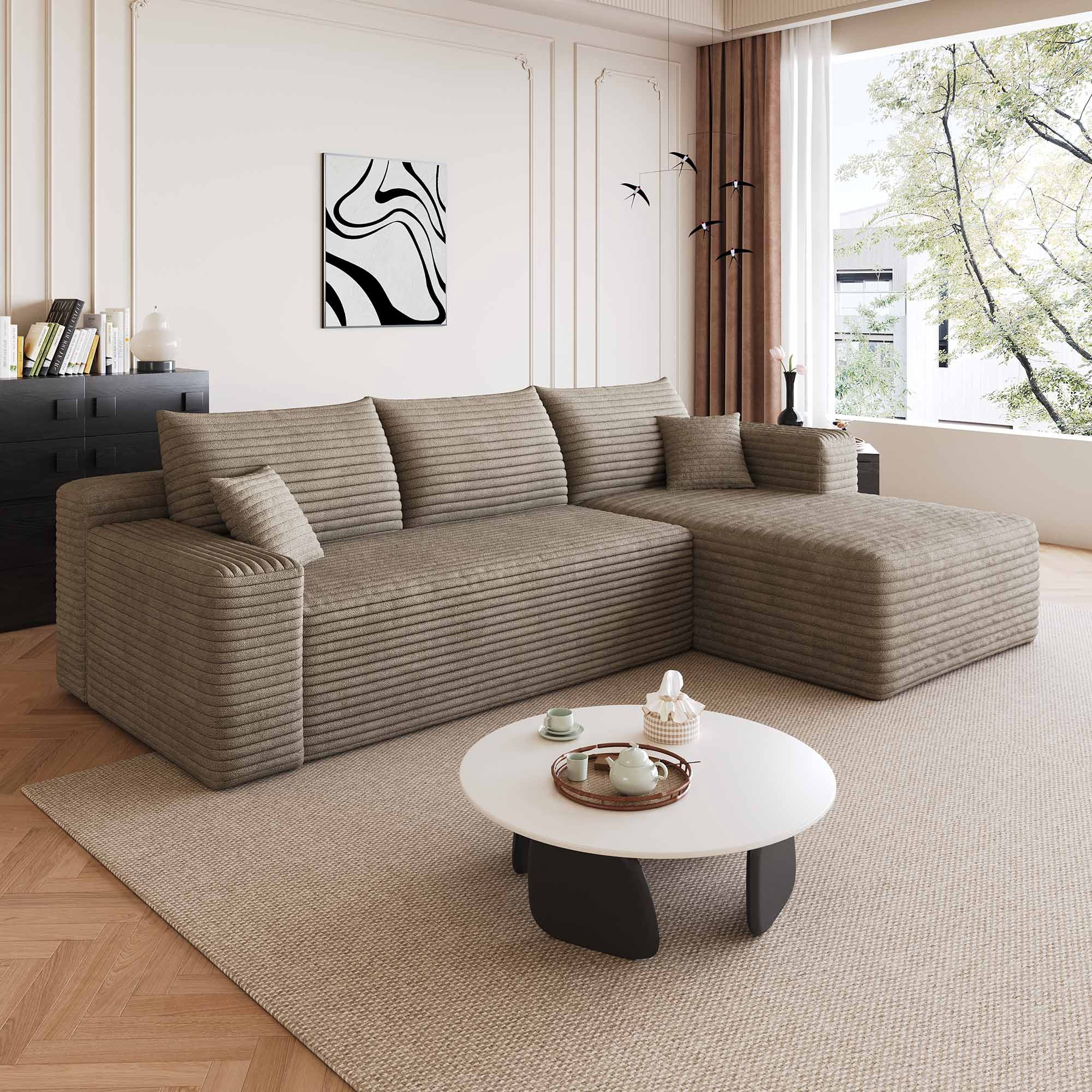 Lunale 95" L-Shaped Modular Sectional Sofa, No Assembly Required, Boneless Corduroy Cloud Couch for Living Room, Camel(Right Facing Chaise)
