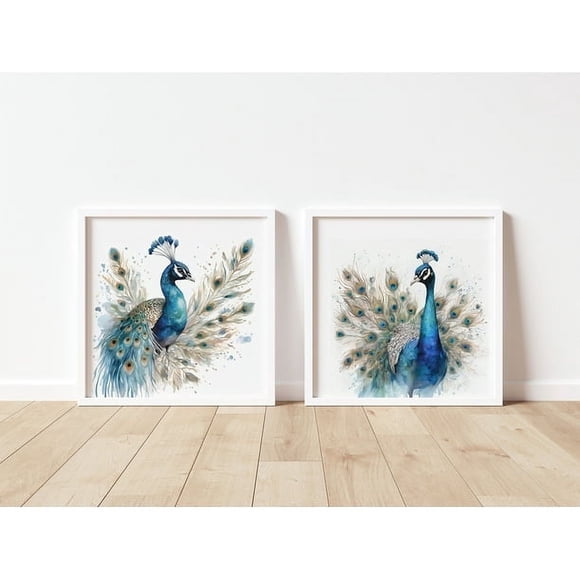 Peacock home decor; Peacock set of two prints; Living room decor; Pictures for home; Watercolour bird picture