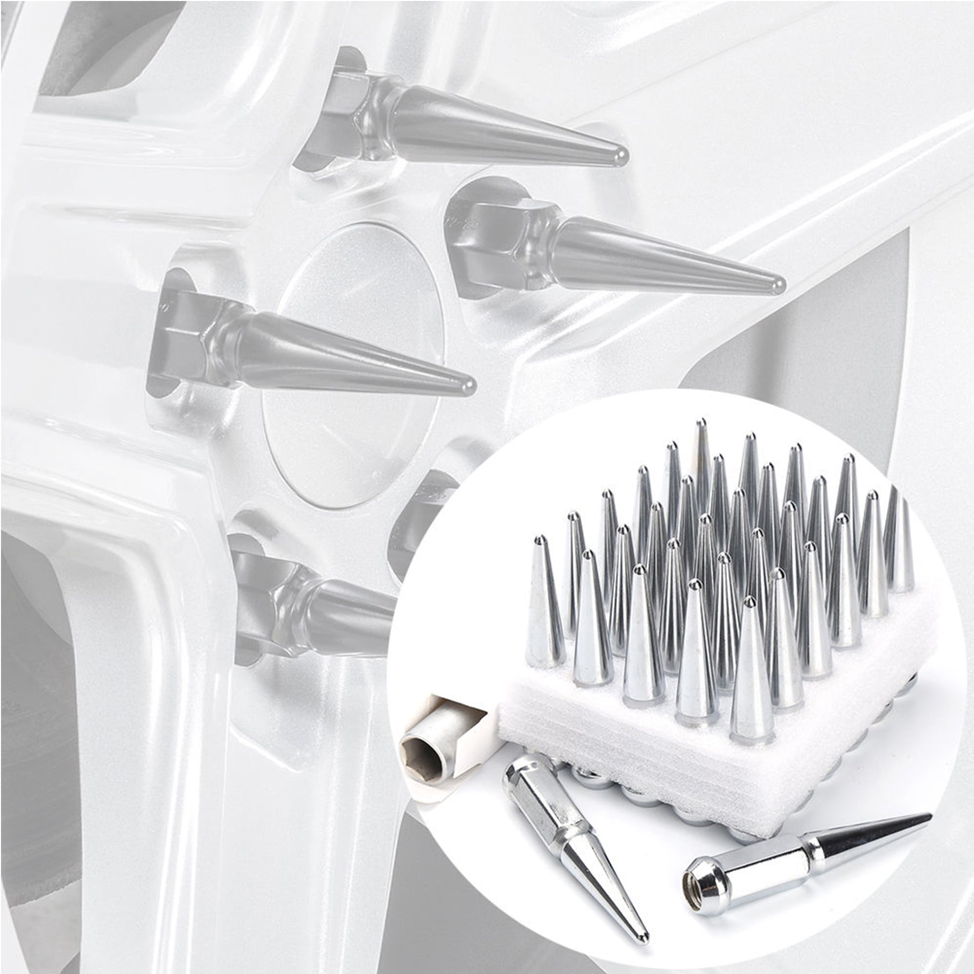 Hunting Horse 20 Pc Chrome Spike Lug Nuts 9/16-18 for Dodge Ram 1994–2011, Solid 1 Piece 4.5" Tall Acorn Style with Special Design Key