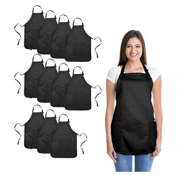 Cotton Kitchen Aprons 12 Pack - Black Restaurant Bib Aprons with Pockets - 22x30 Inch Adjustable Straps - Home, Cooking, Server, and Craft Use