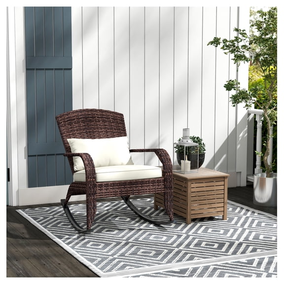 Adirondack Rocking Chair, Outdoor Wicker Patio Chair with Cushion & Pillow, Cream White
