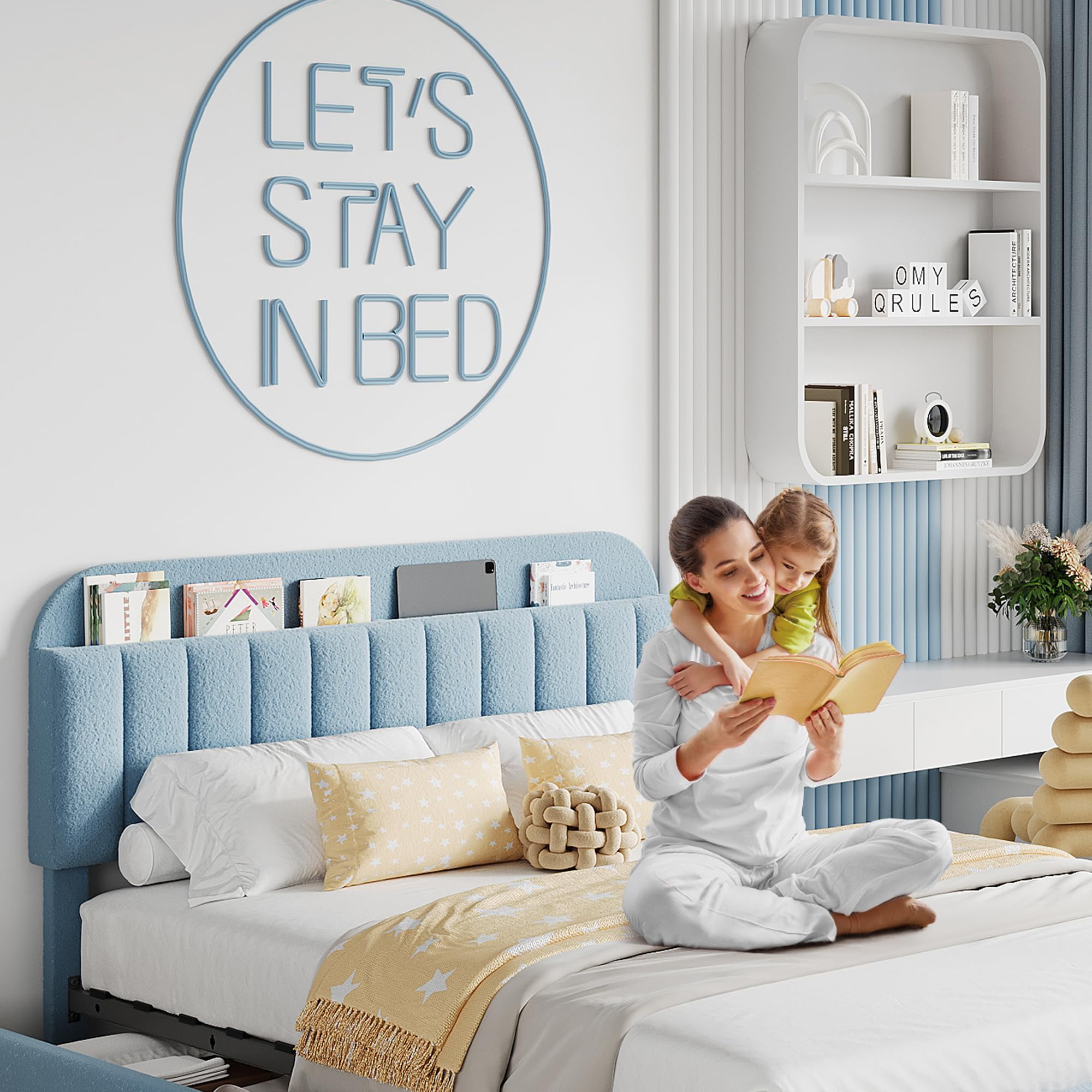 Upholstered FULL Platform Bed, FULL Size Bed Frame with Storage Underneath and Headboard, Wood Platform Bed for Bedroom (Blue)