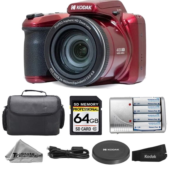 Kodak PIXPRO AZ405 Digital Camera (Red) Extra Batteries Case 32GB Kit
