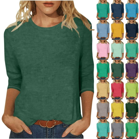 Otntypg 3/4 Sleeve Tops for Women Dressy Casual Summer Crew Neck Basic Solid Color Workout Tees Shirt Loose Oversized Soft Cotton Tunic Blouse Blue#01 XXL