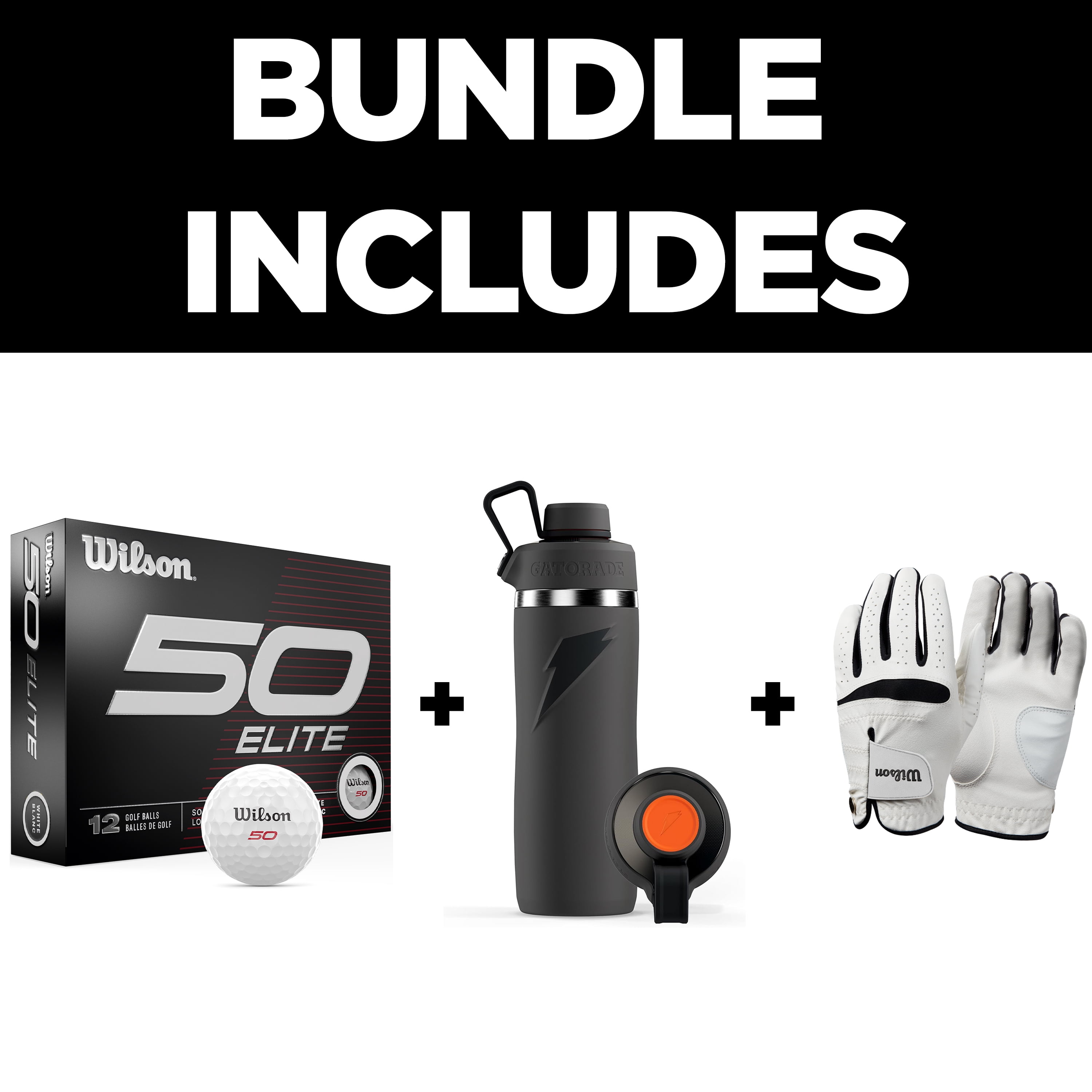 Wilson x Gatorade Golf Essentials Kit - Includes Wilson Fifty Elite Golf Balls, Feel Plus Golf Glove, and Gatorade Overtime Grey Water Bottle
