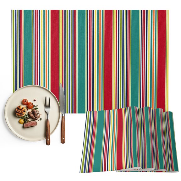 Green Red Striped Placemats Set of 4, Farmhouse Colorful Stripes Washable Wipeable Table Mats for Dining Tables, Indoor Outdoor Kitchen Place Mats for Holiday Party Table Decor