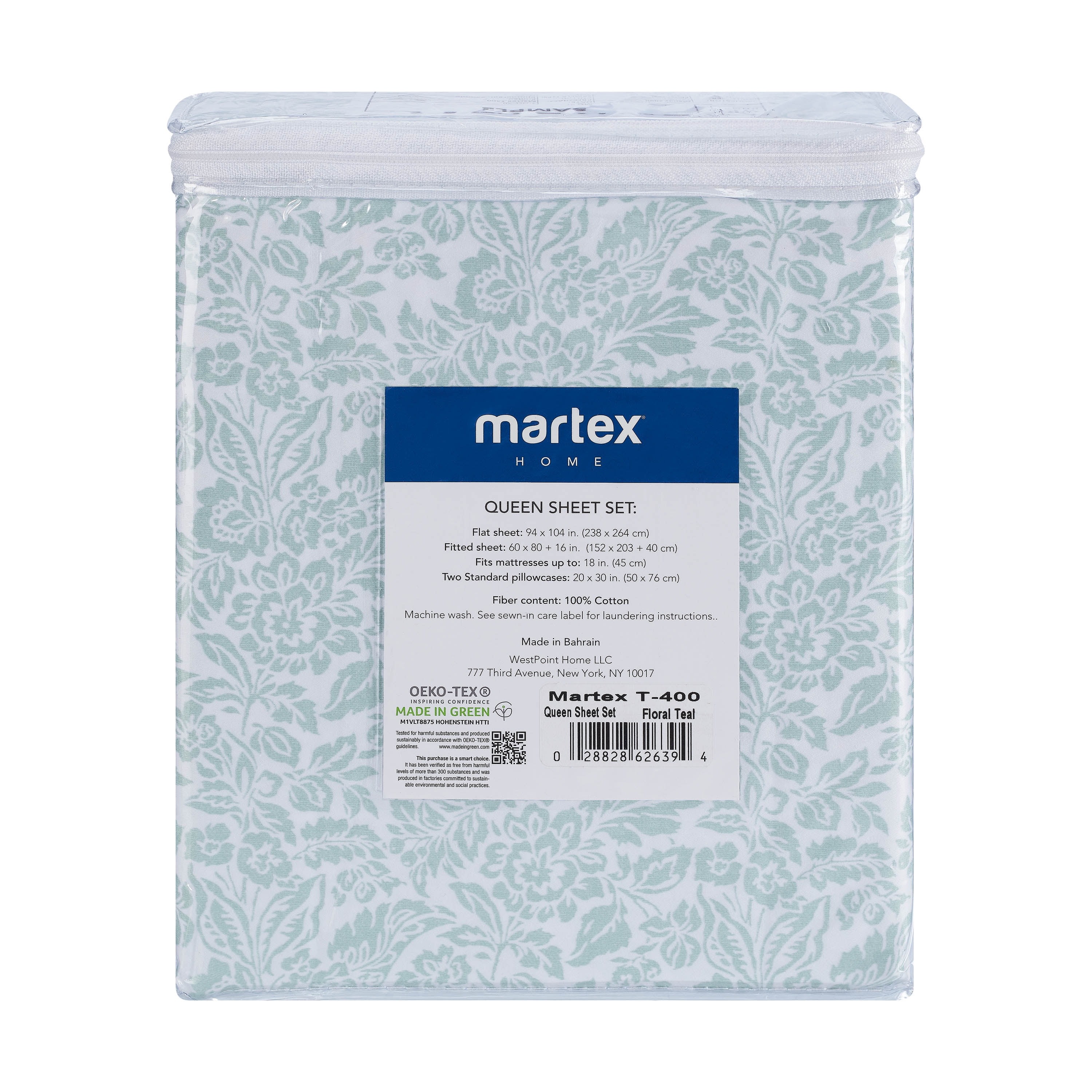 Martex 400 Thread Count Cotton Sateen Bed Sheet Set – Silky Soft – 4-Piece King – Teal
