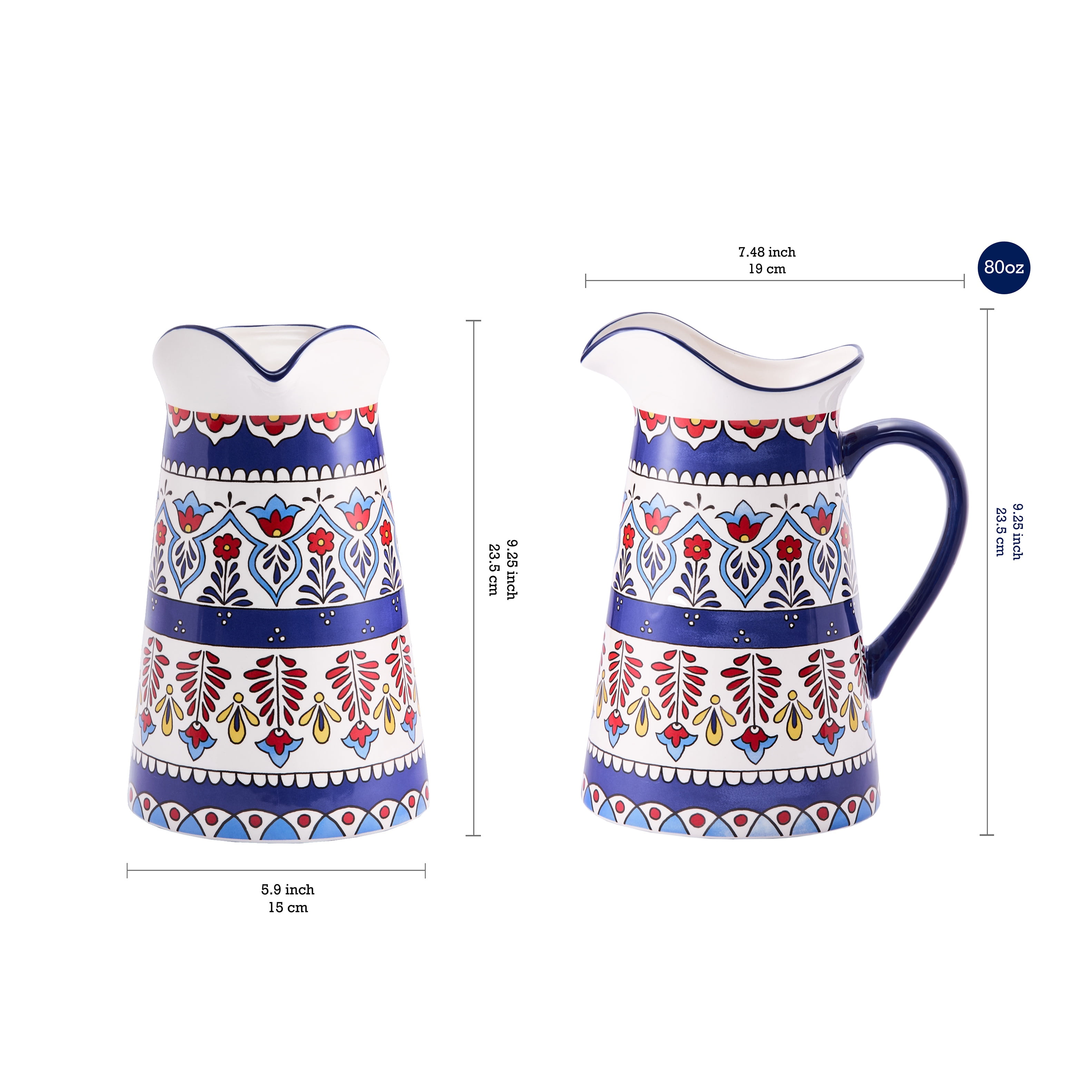 Bico Boho Totem Ceramic 2.5 Quarts Pitcher with Handle, Decorative Vase for Flower Arrangements, Dishwasher Safe