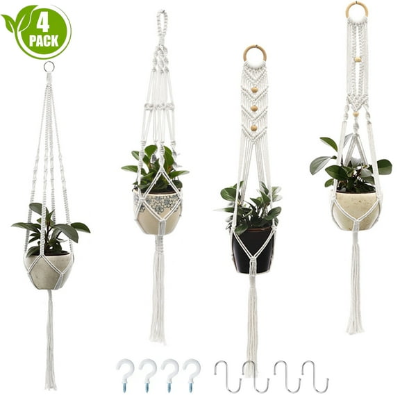Fabulas Macrame Plant Hangers, 4 Pack Hanging Planters with 4 S Hooks & 4 Wall Hooks, Handmade Indoor Outdoor Flower Pot Holders for Boho Home Decor, Ivory (Pots Not Included)