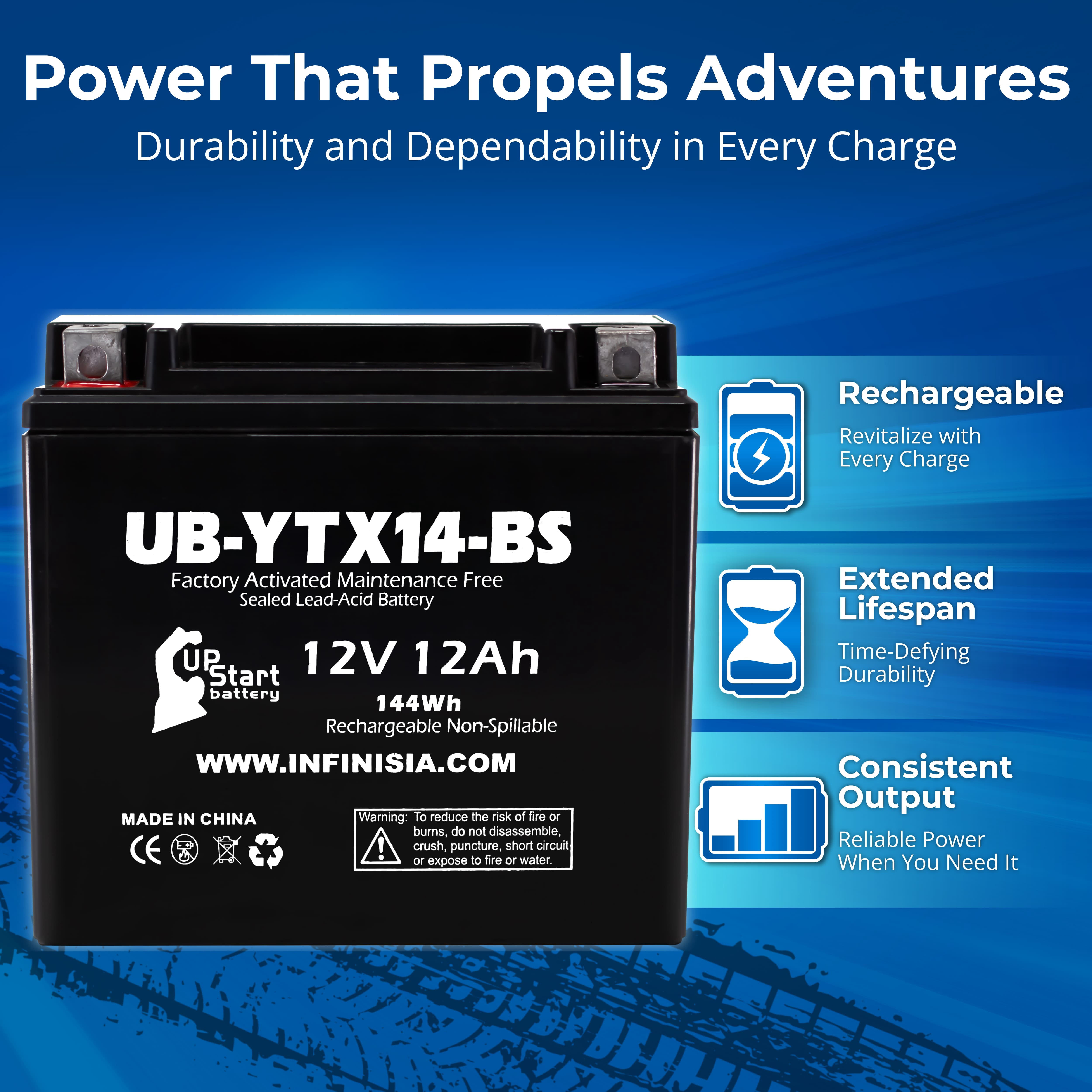 YTX14-BS 12V 12AH Sealed Lead Acid AGM Battery for Motorcycles, ATVs, UTVs, Snowmobiles - Fits Honda Rancher 350, Buell Blast, Yamaha, and More - Powersports Battery