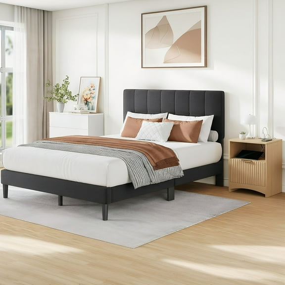 CHITOOMA Queen Size Bed Frame with Nightstands & Adjustable Headboard, Upholstered Platform Bed Frame Queen Size No Box Spring Needed, Dark Grey