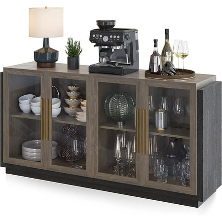 THUMB Sideboard Buffet Cabinet, Modern Wood Glass-Buffet-Sideboard with Storage, Console Table for Kitchen, Dining Room, Living Room, Hallway, or Entrance - Brixston (Brown)