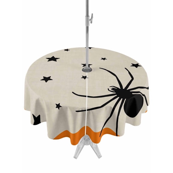 Outdoor Tablecloth with Umbrella Hole and Zipper, Halloween Round Table Cloth 54 Inch Waterproof Tablecloth, Orange Beige Spi-der Stars Halloween Picnic Table Cover for Patio Camping