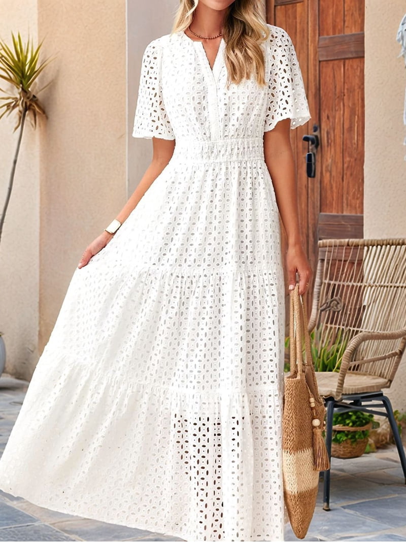 Women'S Summer Short Sleeve Maxi Dress Casual V Neck Hollow Out