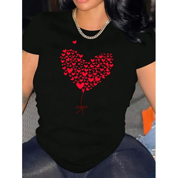 Camiseta de verano para mujer Suave elegante con Cuello redondoWomen's Casual Black T-Shirt with Red Heart Tree Graphic - Short Sleeve, Round Neck, Comfortable Polyester Blend, Ideal for Summer Fash